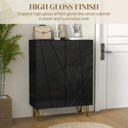 Black shoe cabinet with glossy door panels and diagonal detailing