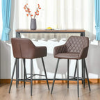 Set of 2 brown quilted bar stools with metal legs and footrest for dining counters