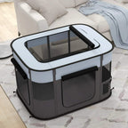 Grey foldable dog pen with mesh walls, front zip door, and top black handle rail