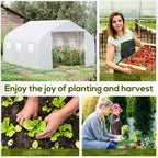 White walk-in polytunnel greenhouse with front door opening and side window panels