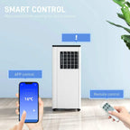 White portable air conditioner with smartphone app control and handheld remote