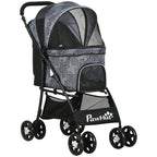 Grey foldable dog stroller with canopy, mesh sides, and four rolling wheels