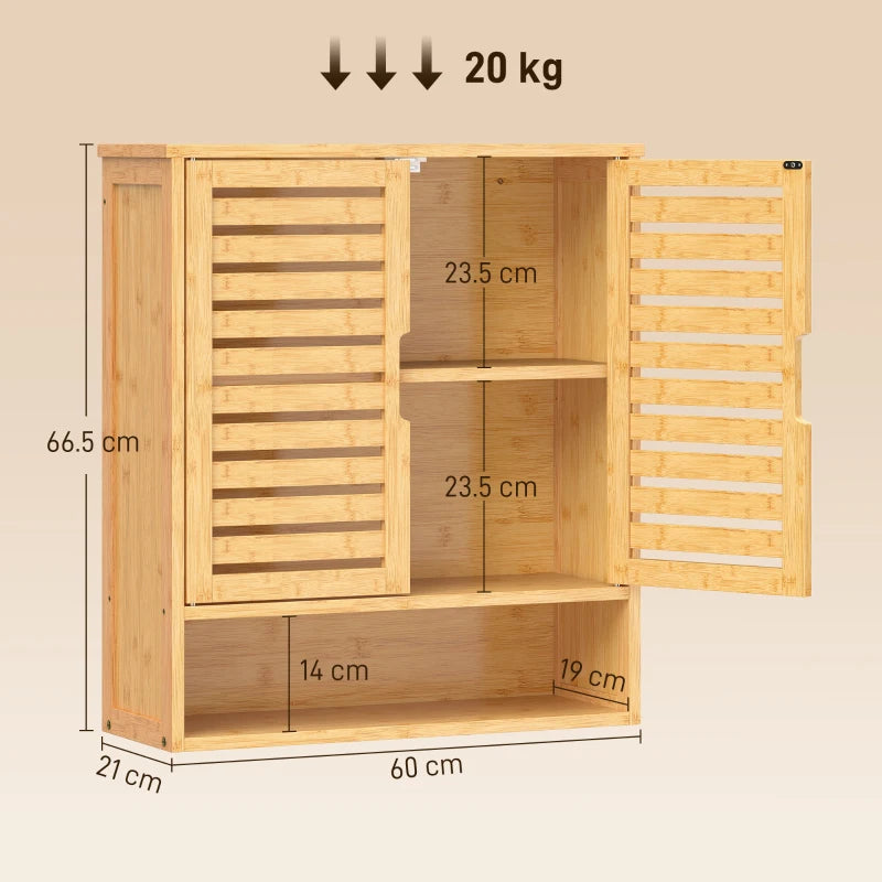 Oak wall cabinet with louvered double doors, open shelf compartments, wall-mounted