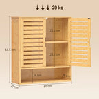 Oak wall cabinet with louvered double doors, open shelf compartments, wall-mounted