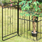Black metal arbor with double gate and side fence, potted plant on planter basket