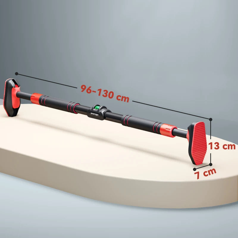 Red and black adjustable door pull-up bar with wide foam handle grips