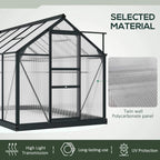 Grey greenhouse with clear twin-wall polycarbonate panels and sloped roof frame
