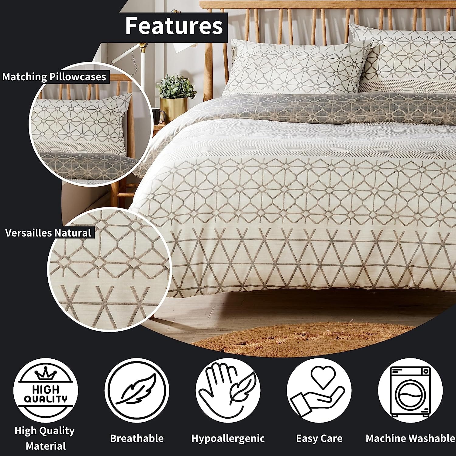 Versailles Natural Floral Reversible Quilted Duvet Cover Set with Button Closure in Single Double King Sizes