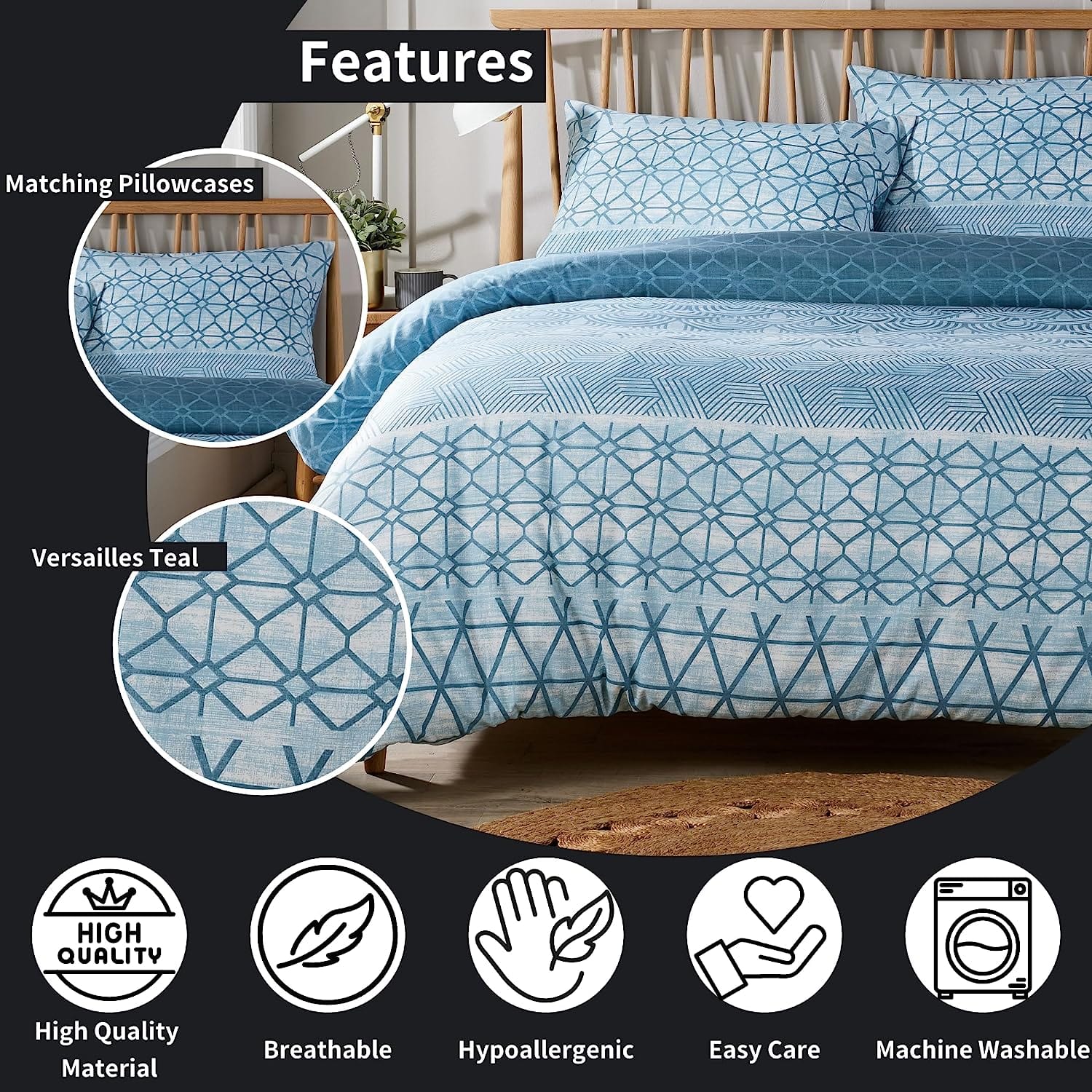 Versailles Teal Elegant Printed Duvet Cover Set Reversible Quilted Bedding with Pillowcases Breathable Polyester Blend for King Double Single Sizes