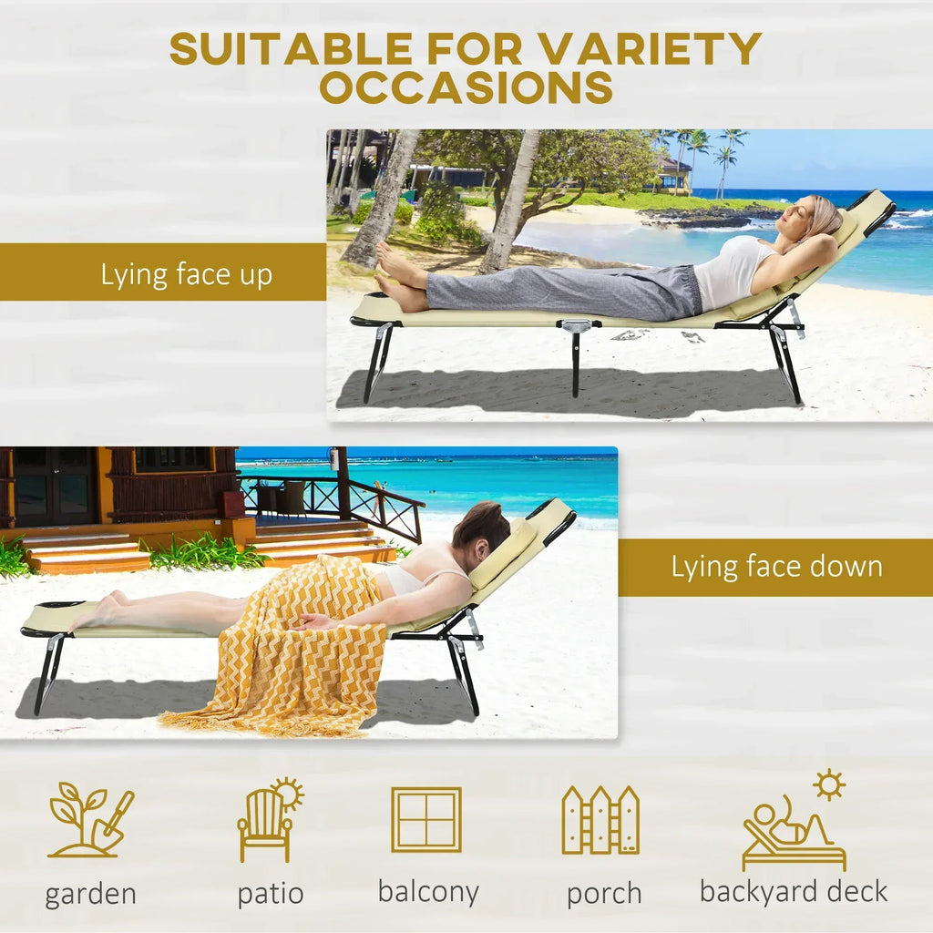 Folding Sun Loungers Set of 2 with Face Hole, 4-Position Adjustable Backrest Garden Recliner Chairs Sunbeds, Outdoor Lounge Chairs with 600 D Oxford Cloth Seat, Pillow for Beach, Beige - Bobobiy