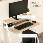 Two-tier monitor desk with oak-style tabletop and keyboard shelf, cable hole