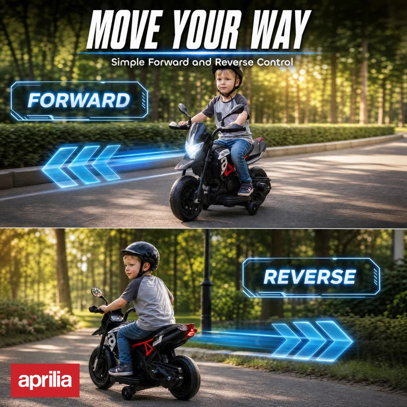 Black kids electric motorbike with headlight and blue forward/reverse light effects