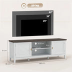 White TV unit with dark top and two open shelves, size diagram shown.