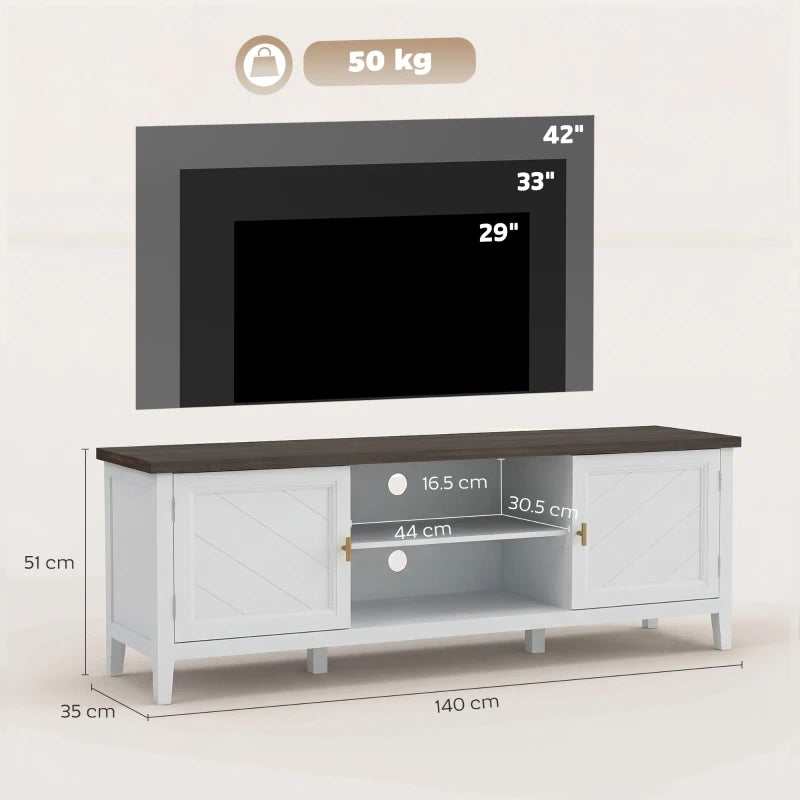 White TV unit with dark top and two open shelves, size diagram shown.