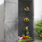 Grey wooden storage shed interior with three tier corner shelves