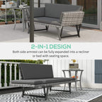 Grey rattan daybed sofa with dark cushions and woven armrest panels