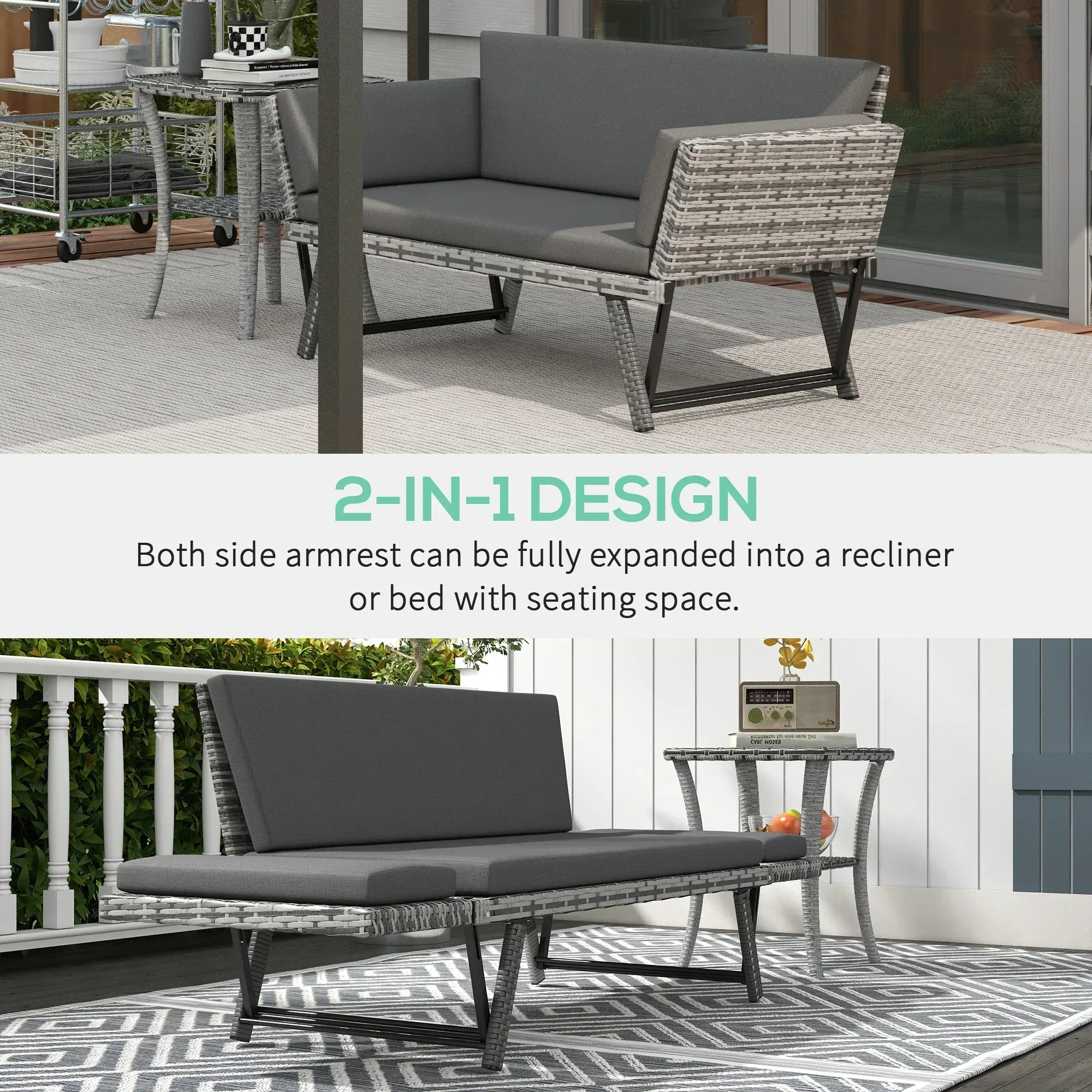 2 Seater Rattan Sofa with Cushions, 2-in-1 PE Rattan Daybed Sofa with Left Up or Down Armrests, Garden Chaise Lounger Loveseat for Outdoor, Patio, Mixed Grey - Bobobiy