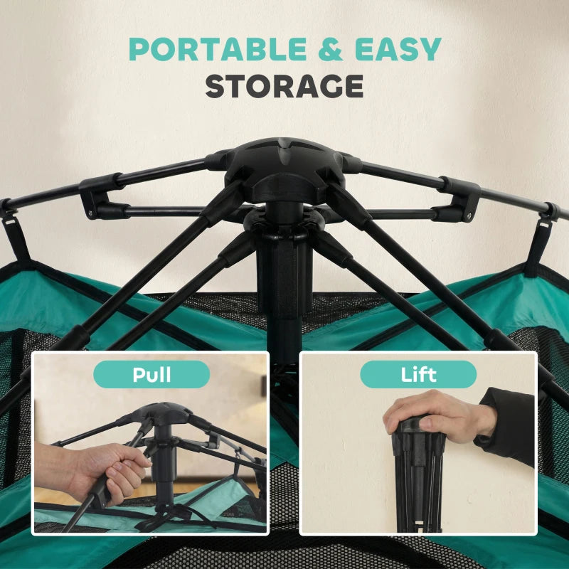 Teal cat tent frame with black poles, showing easy fold for storage