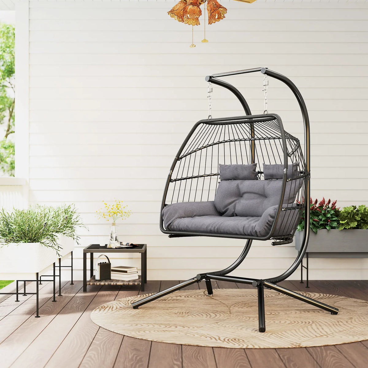 Outsunny Rattan Double Hanging Egg Chair with Stand, Foldable Wicker Swing Egg Chair with Cushion, Head Pillows, Steel