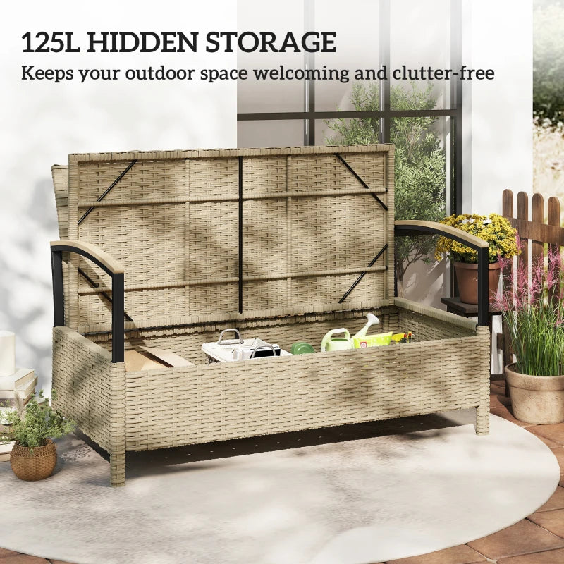 Khaki 125L hidden-storage outdoor bench with open lid for stored items