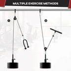 Cable pulley trainer with rope handles and angled bar grip attached to weight plates