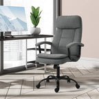 Grey upholstered office chair with high back and rolling casters, angled view.