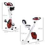 Foldable exercise bike, shown side-by-side with red flywheel and white frame, black pedals