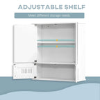 White bathroom mirror cabinet with adjustable internal shelf, doors open and vented lower storage