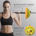 Adjustable barbell weights with multicolor plates and black non-slip handle