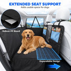 Black dog car hammock seat cover with reinforced support board and expandable design