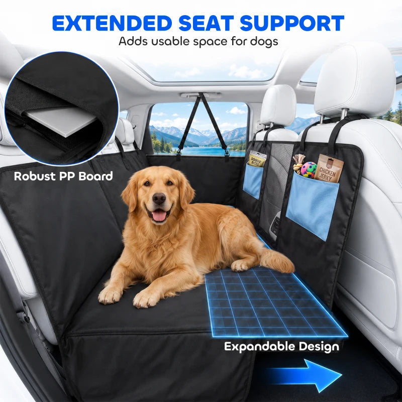 Black dog car hammock seat cover with reinforced support board and expandable design