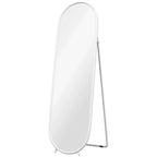 White arched full-length two-way mirror with rounded frame and freestanding stand