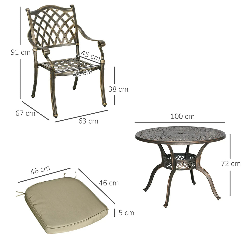 4 Seater Outdoor Dining Set Antique Cast Aluminium Garden Furniture Set with Cushions Round Dining Table with Parasol Hole, Bronze - Bobobiy