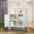 White cabinet sideboard with two hinged doors, interior shelves, and brass hairpin legs
