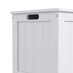 White storage chest with oval cut-out handle on the front of the lid