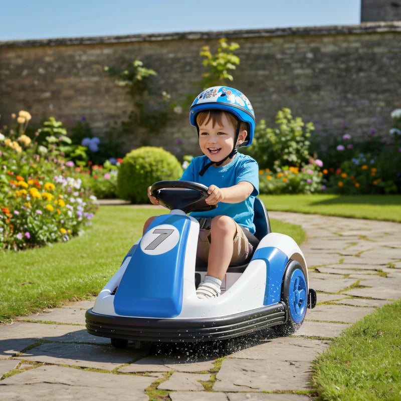 Blue and white kids bumper car ride-on with black seat and hood number detail