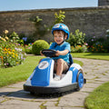 Blue and white kids bumper car ride-on with black seat and hood number detail