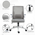 Grey mesh office chair with thick padding, supportive base, gas seat lift and swivel wheels