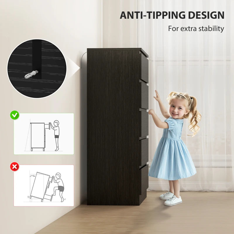Black 5-drawer dresser cabinet with anti-tipping side bracket and secure base.