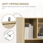 Anti-tip strap and wall-mount hardware on light wood bookcase, showing open shelf section