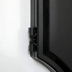 Black electronic dartboard side panel hinge and latch hardware detail