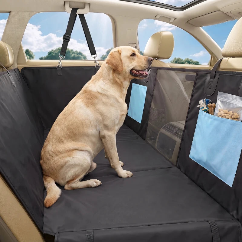 Black dog car hammock seat cover with blue pocket panel and mesh side section