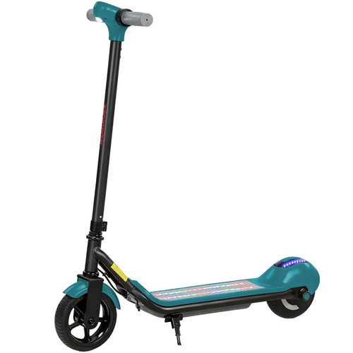 Kids electric scooter in teal/green with LED strip deck and front wheel