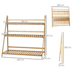 Foldable bamboo plant stand rack with three slatted levels and size dimensions