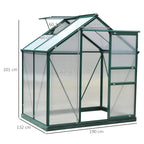 Dark green polycarbonate walk-in greenhouse with aluminum frame and storage shelves
