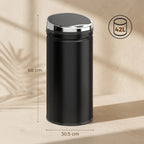 Black 42L automatic sensor trash can, tall cylindrical bin with silver top