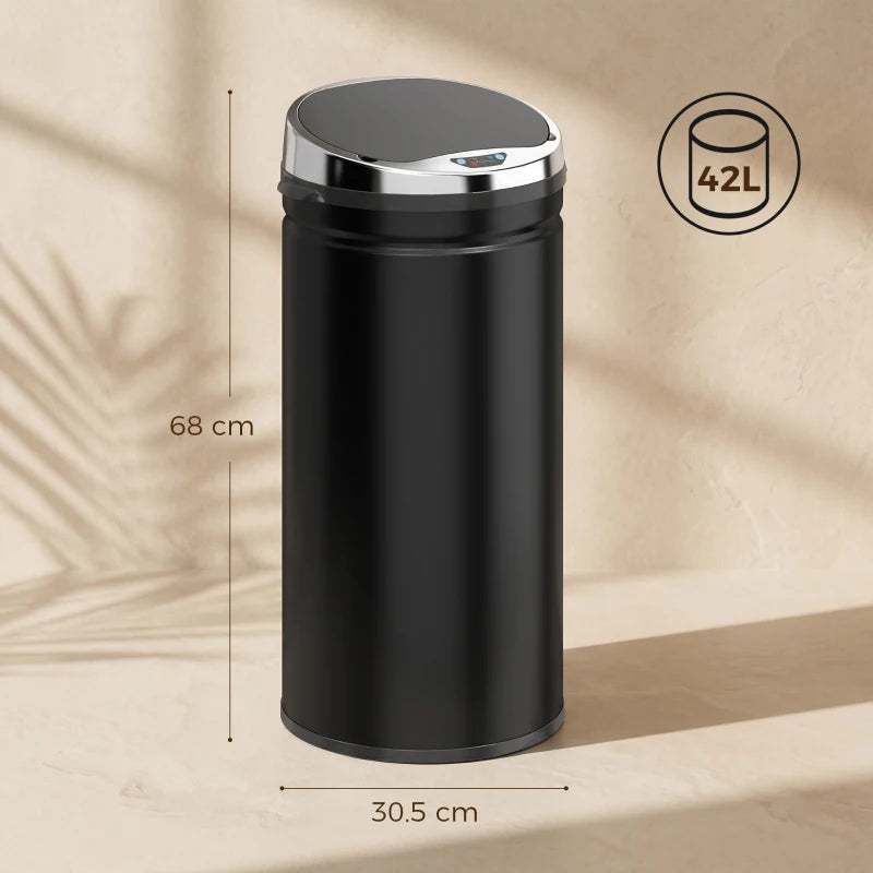 Black 42L automatic sensor trash can, tall cylindrical bin with silver top