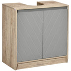 Floor-standing bathroom storage cabinet with two grey doors and adjustable shelf, oak sides