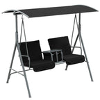 2-seater patio swing bench with tilting canopy, black padded seats, gray metal frame