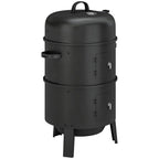 Vertical charcoal smoker with built-in thermometer, adjustable top, and two doors